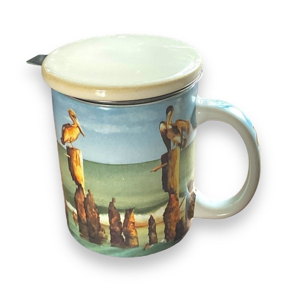 Cape Shore‎ Mug Tea Strainer Lid Coastal East Coast Pelicans Water Birds Ceramic